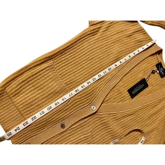 Lucchese 100% Cashmere Fisherman Rib Cardigan size M Camel Tan NWT - Picture 7 of 9